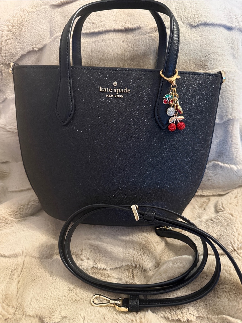 kate spade black crossbody tote with gold logo and cherry charm - Picture 3 of 9